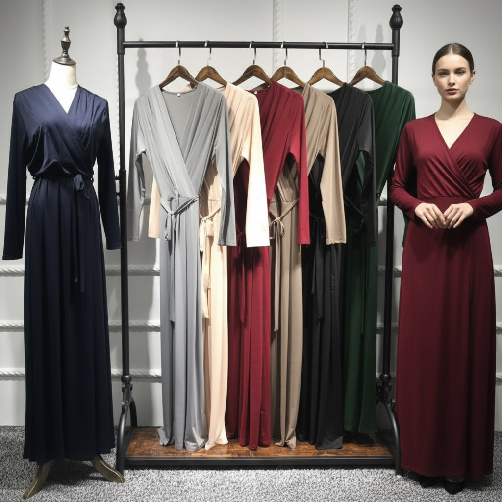 Collection of long dresses in various colors on a rack against a neutral background