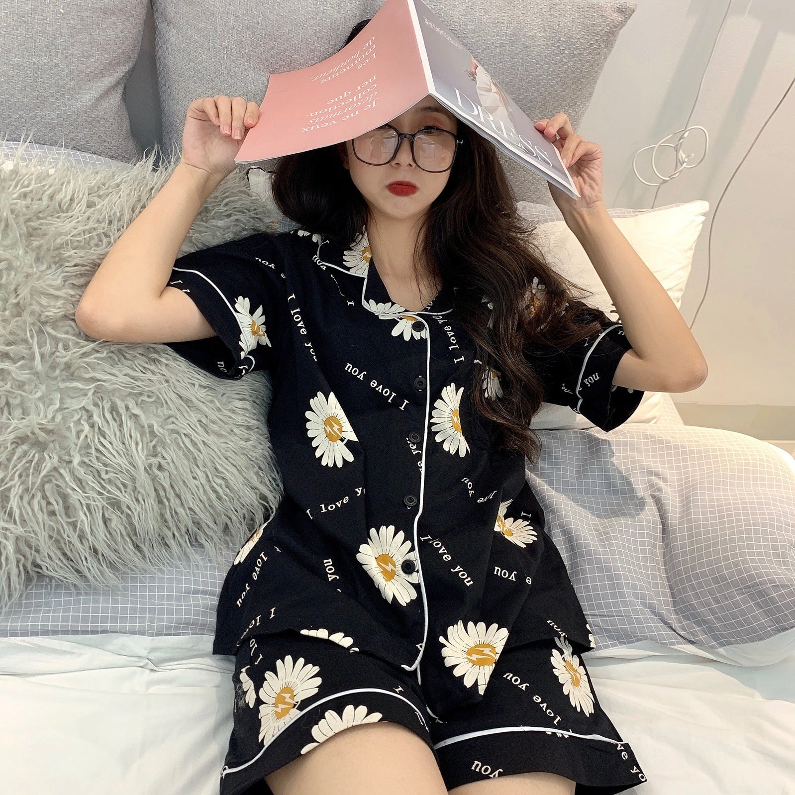 Summer Cotton Daisy Short Sleeve Pajama Set for Women
