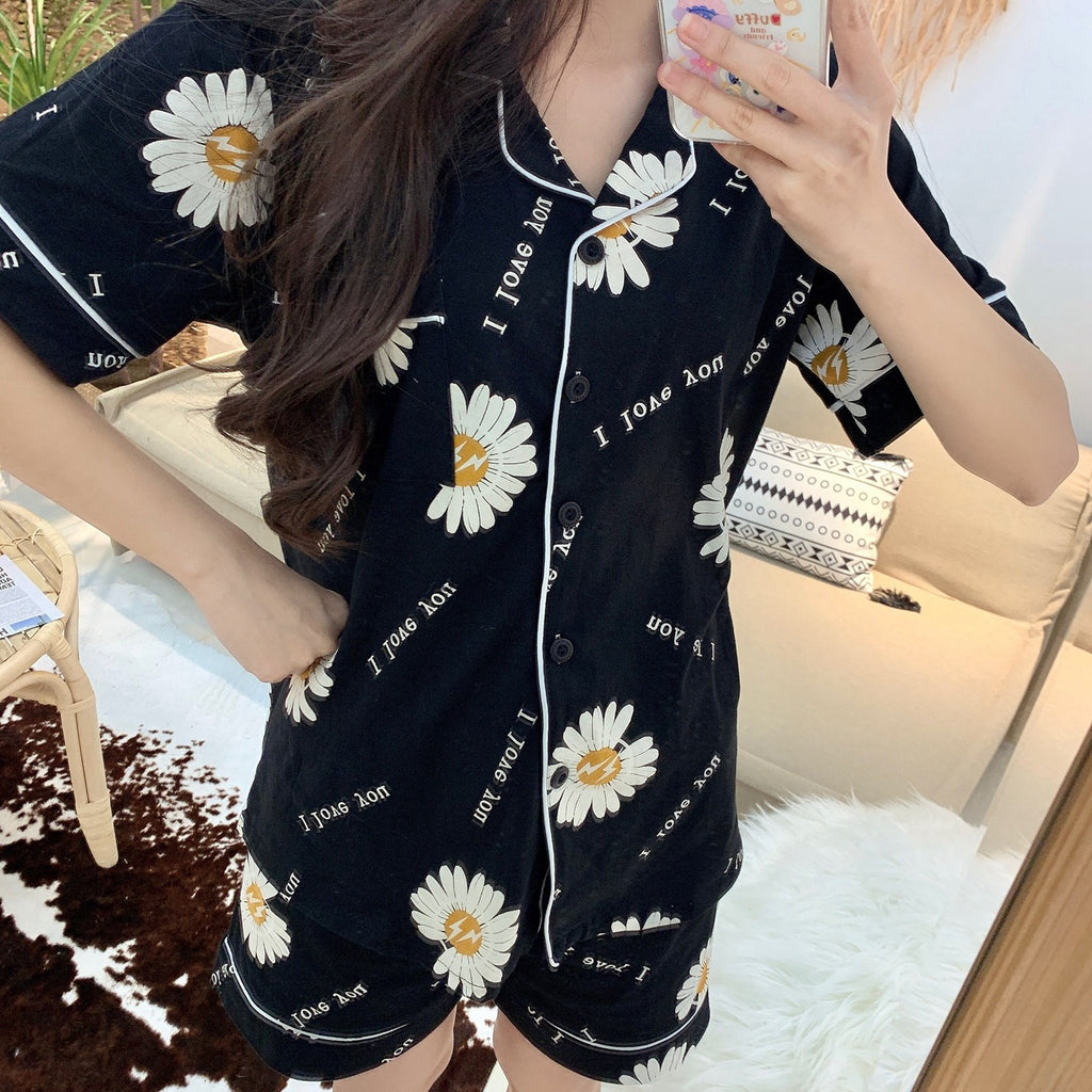Summer Cotton Daisy Short Sleeve Pajama Set for Women