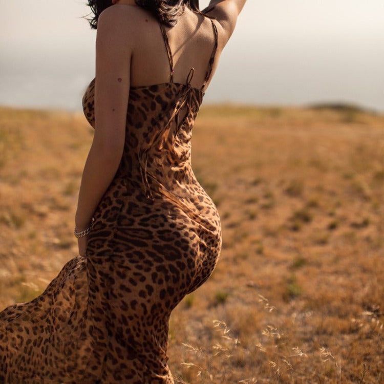 Summer Leopard Print Backless Maxi Dress for Women