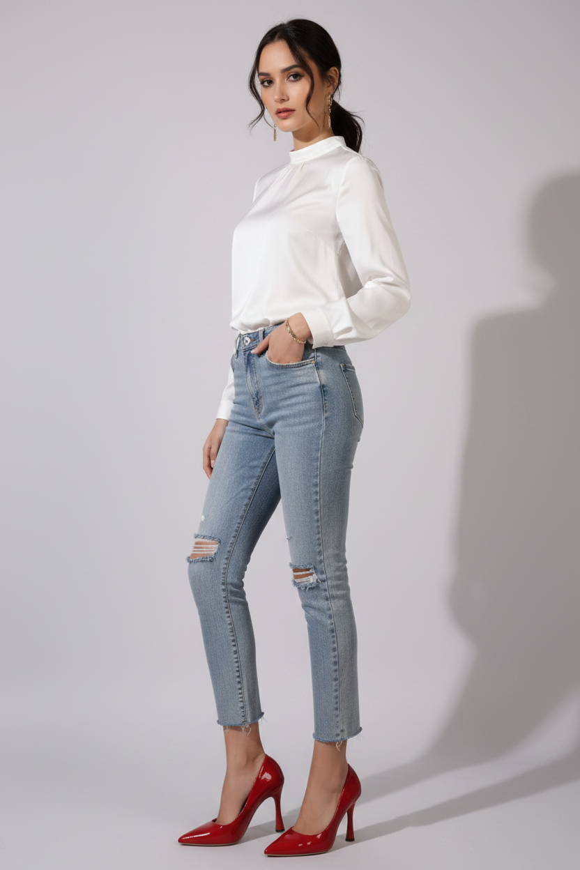 Red high-heeled shoes worn with light blue jeans on a neutral background