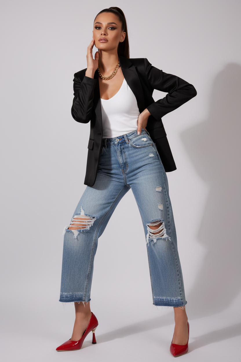 Red high-heeled shoes worn with light blue jeans on a neutral background