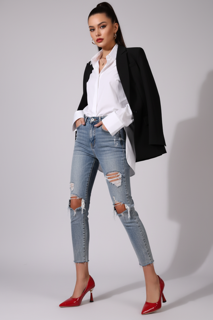 Red high-heeled shoes worn with light blue jeans on a neutral background