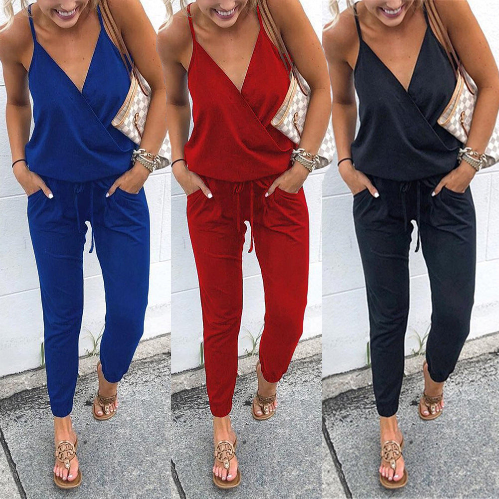 Summer Sexy V-Neck Pocket Jumpsuit for Women