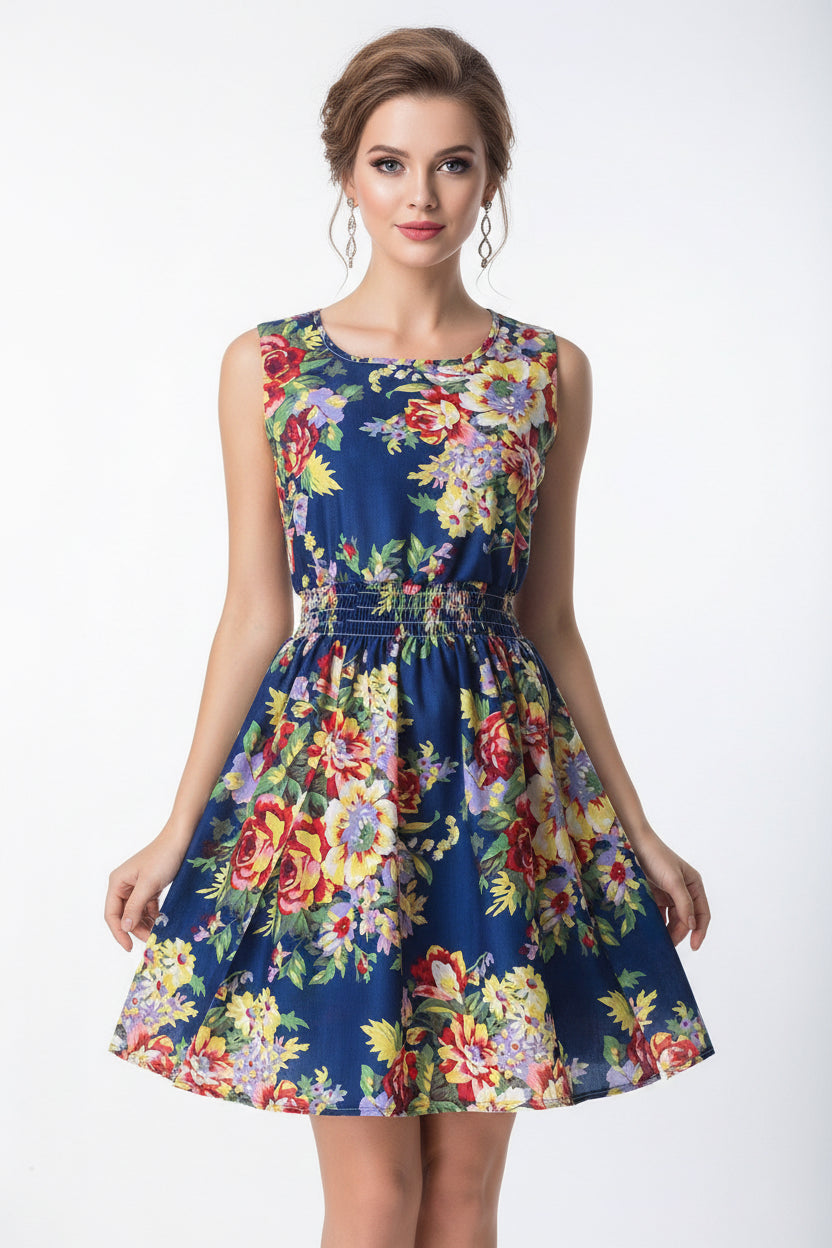 Floral dress with a blue background on a white background, featuring the brand 'LIVAGIRL'.