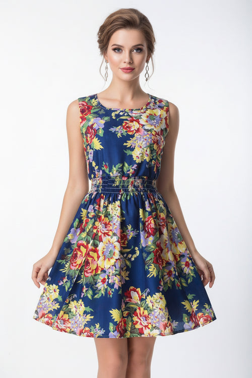 Floral dress with a blue background on a white background, featuring the brand 'LIVAGIRL'.
