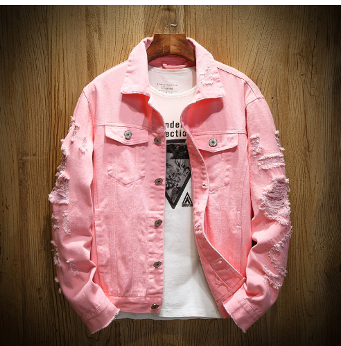 Stylish Pink Ripped Denim Jacket for Men