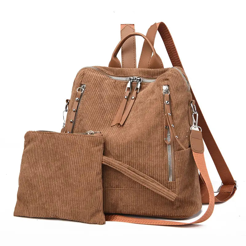 2-Piece Corduroy Backpack Set with Shoulder Bag & Clutch