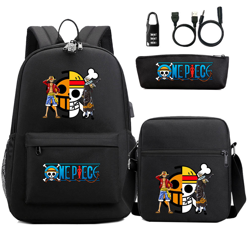 Cartoon One Piece USB Password Lock Backpack Set