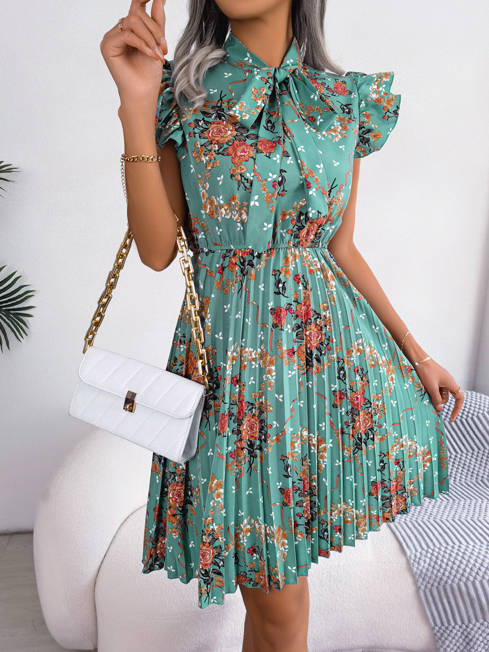 2024 Spring/Summer Floral Waist-Tie Pleated Skirt