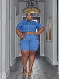 Plus Size Denim Two Piece Set with Pockets for Women