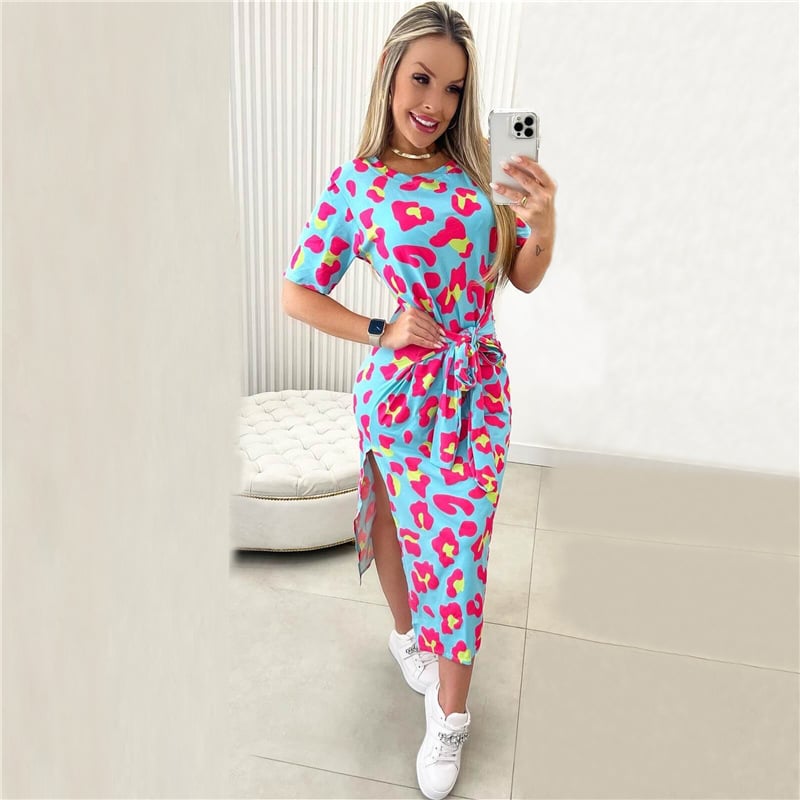 Printed Short Sleeve Split Dress for Women