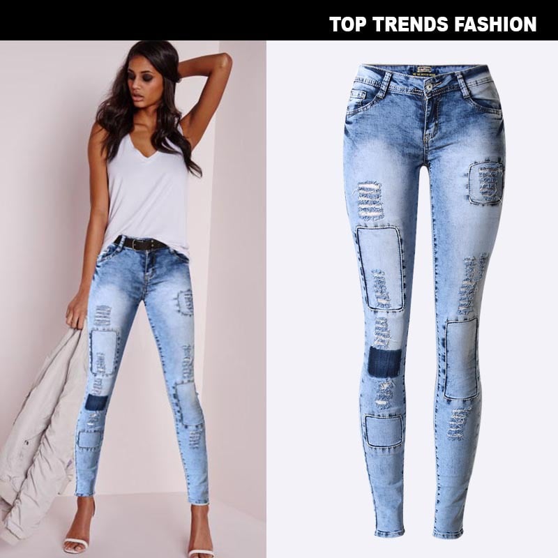 Summer Style Sky Blue Patchwork Skinny Jeans for Women