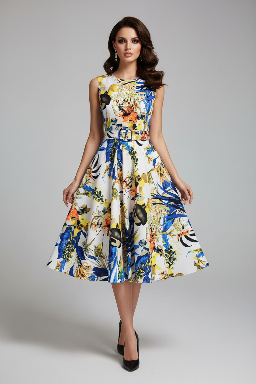 Colorful strapless dress with floral and parrot pattern on a white background