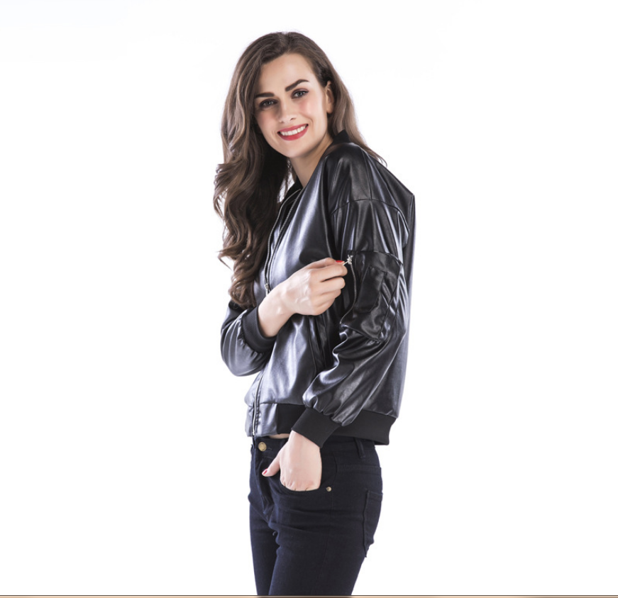 Women's Black Leather Jacket with Stand Collar