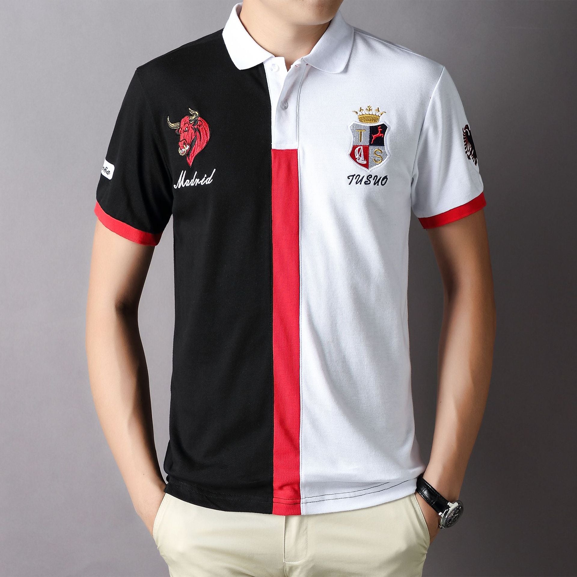 Men's Short Sleeve Polo Shirt with Color Block Embroidery
