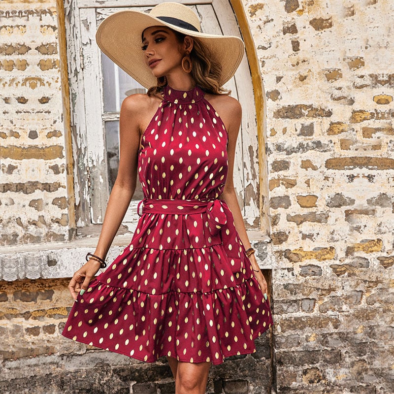 Polka Dot Sleeveless Halter Bandage Summer Dress