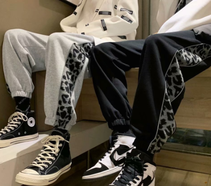 Retro Color-Blocked Leopard Print Sports Pants for Men