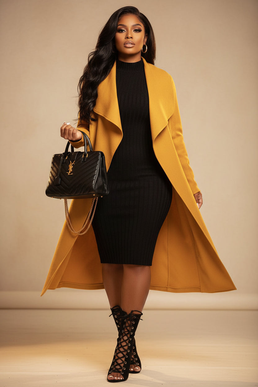 Woman in a yellow coat and black dress holding a black handbag on a brown floor.