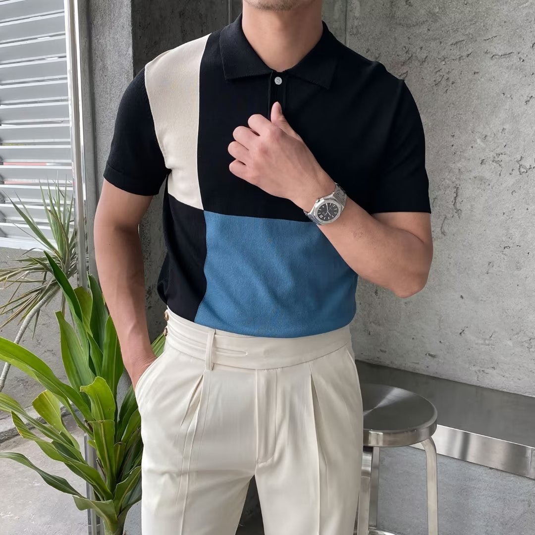 Trendy Color-Block Short Sleeve Polo Shirt for Men 2023