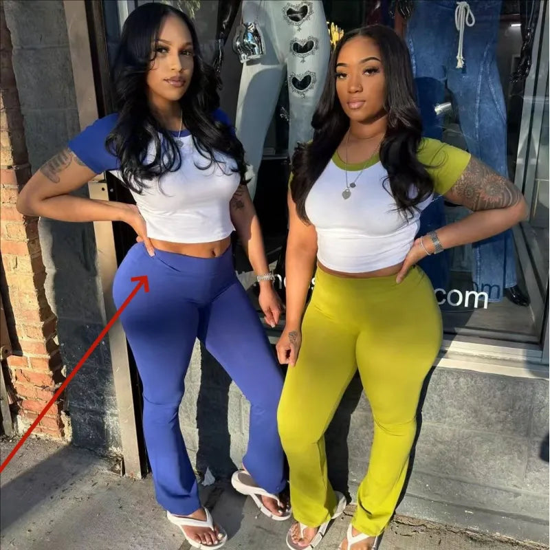 Women's Contrast Color Short Sleeve Top & Trousers 2-Piece Casual Set