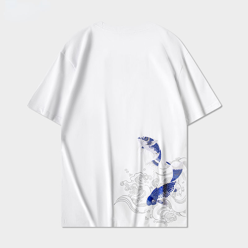 Men's Vintage Chinese Carp Embroidered Summer T-Shirt