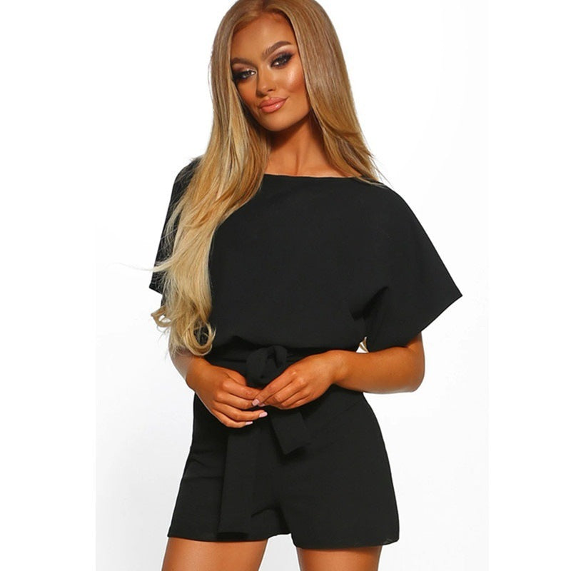 Fashionable Solid Color Belted Short Jumpsuit for Summer