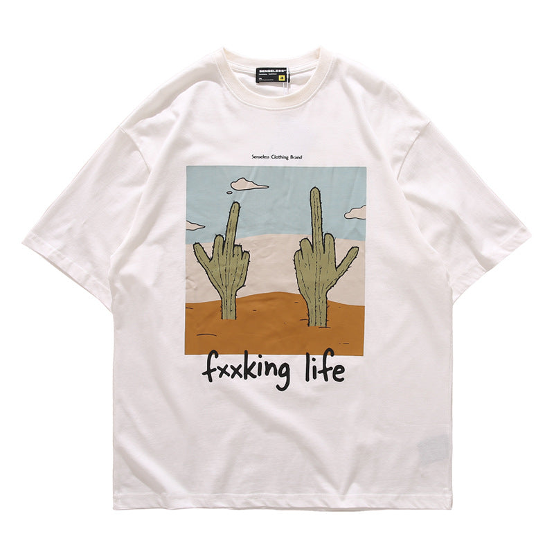 Cactus Print Loose Cotton T-Shirt for Women Summer