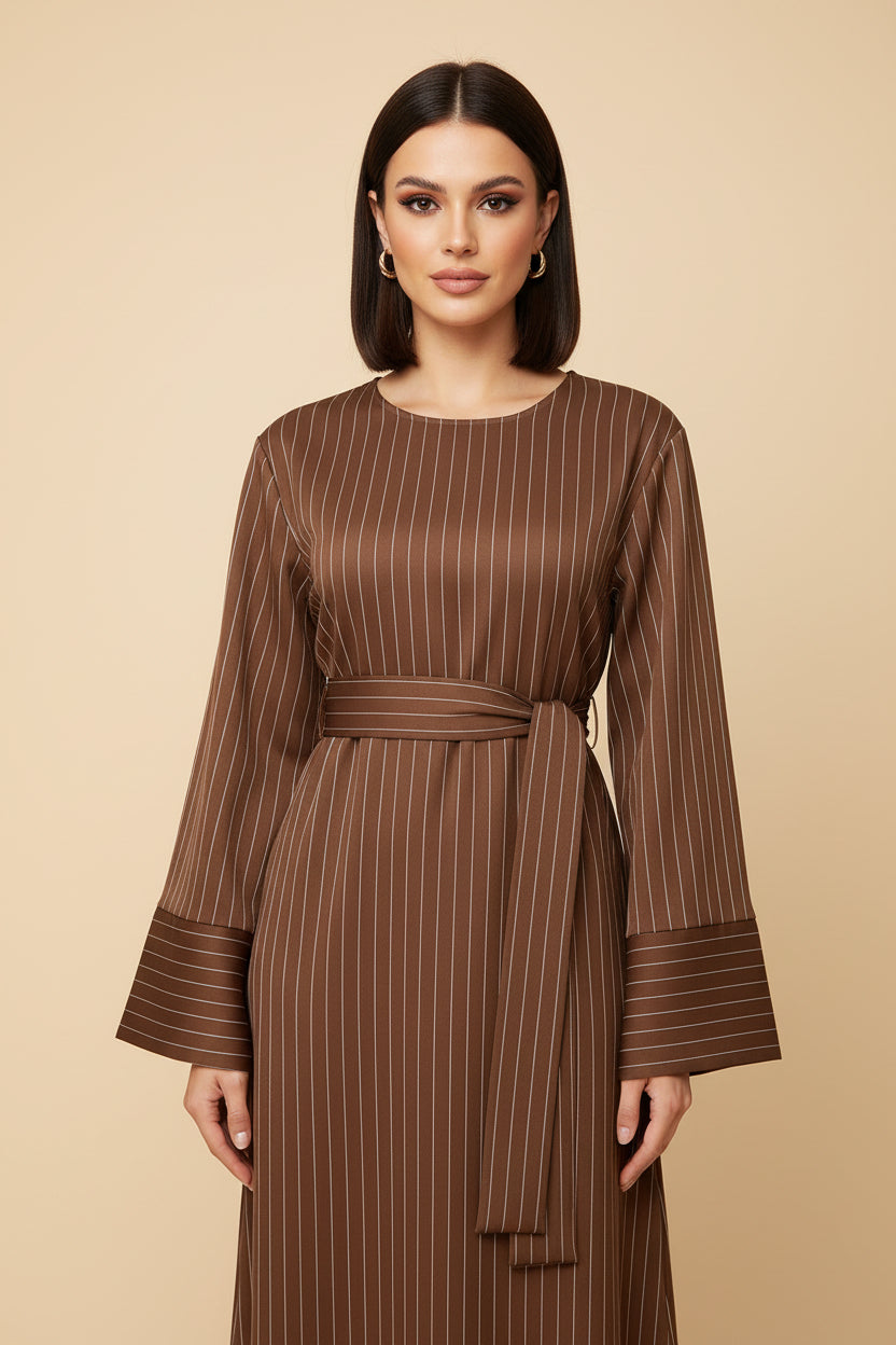 Brown pinstripe dress on a mannequin against a white background