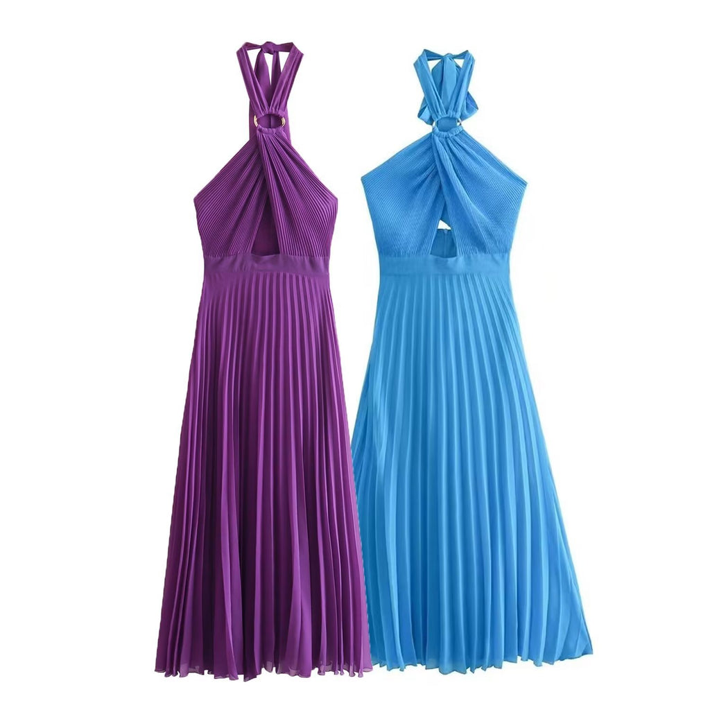 Spring Summer Women's Solid Color Cross Back Dress