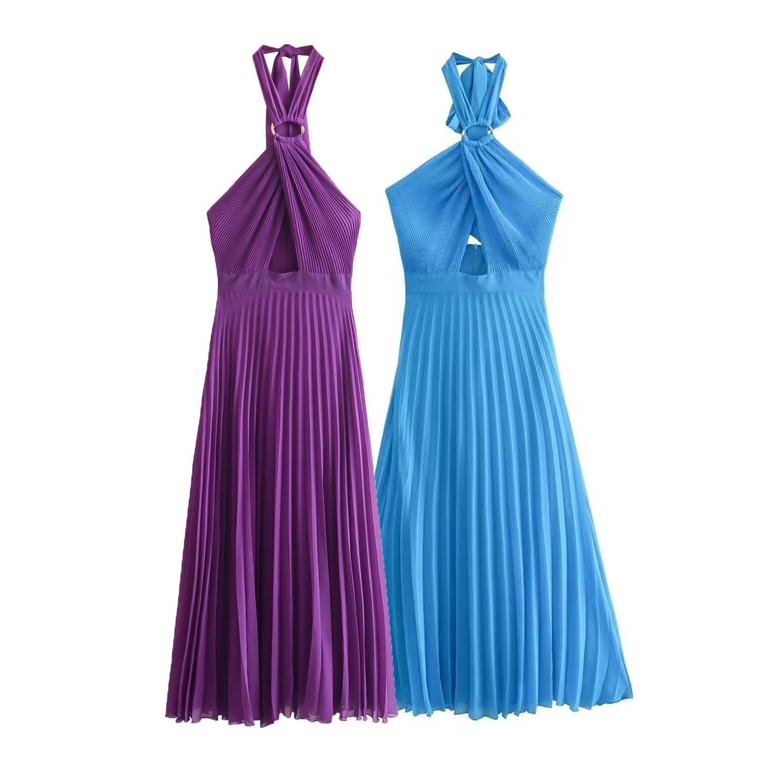 Spring Summer Women's Solid Color Cross Back Dress