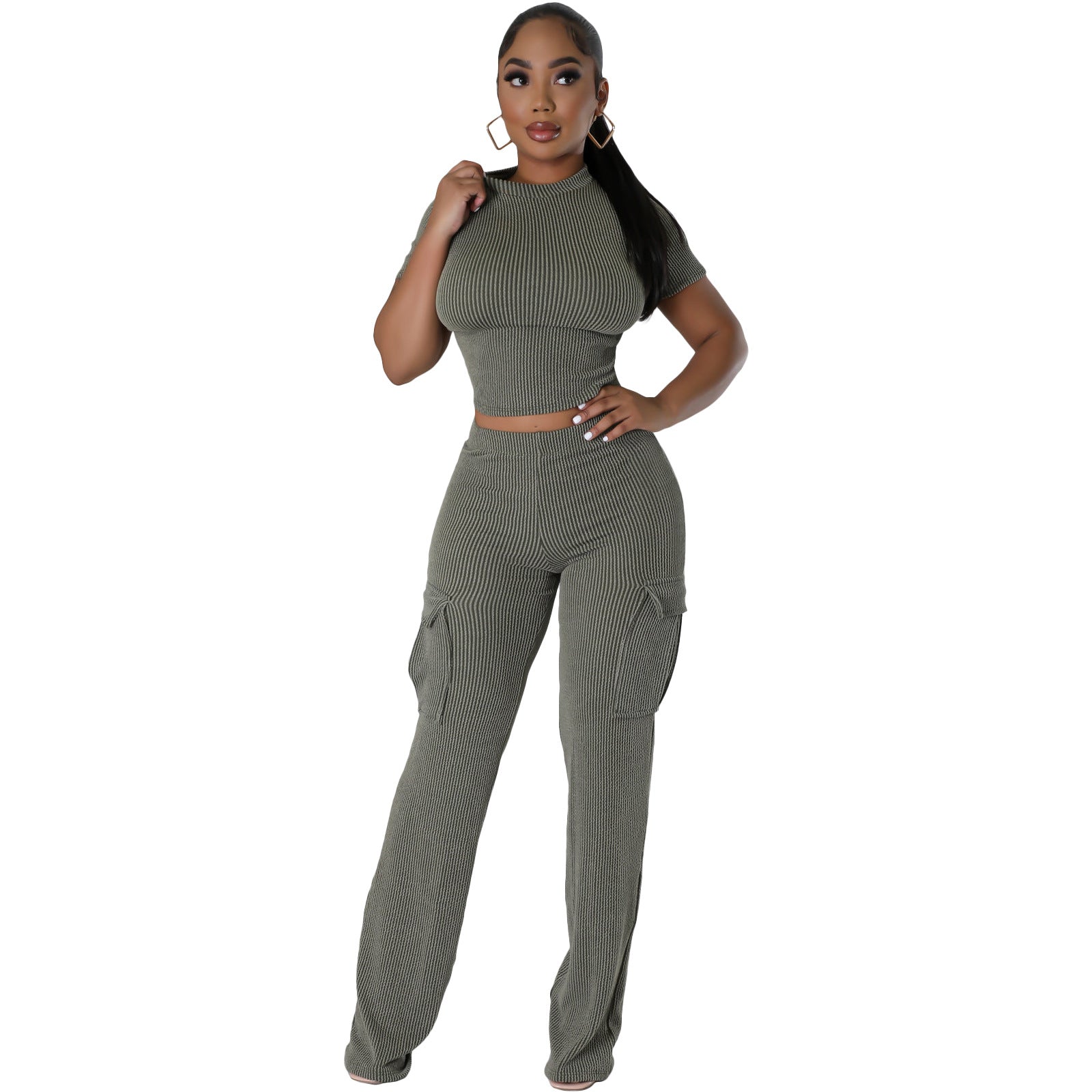 X9469 Fashionable Solid Color Short Sleeve Two-Piece Set