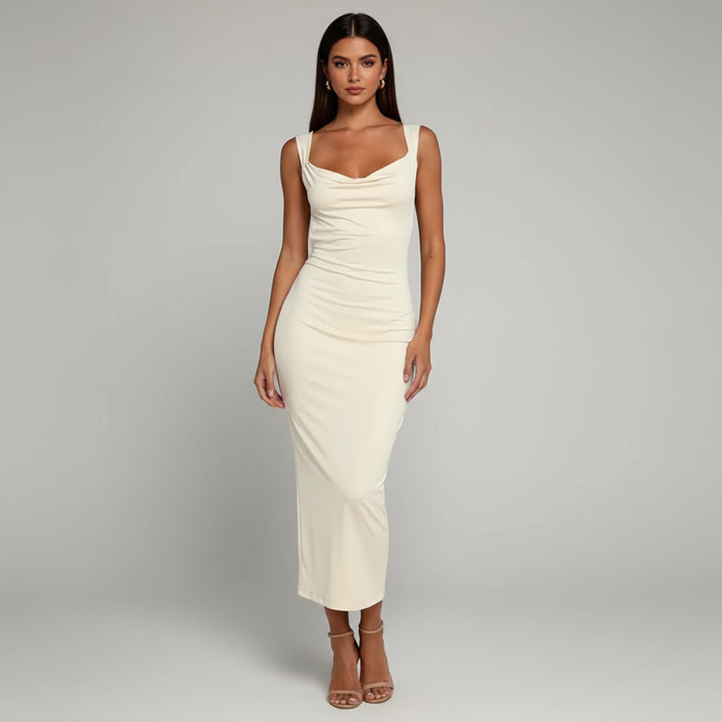 The Soleil V-Neck Suspender Maxi Dress | Evarisluxe