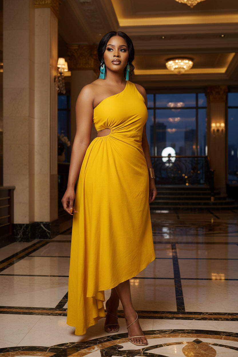 Evarisluxe Diagonal Shoulder Statement Dress
