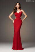 Red evening gown with cut-out design on a white background