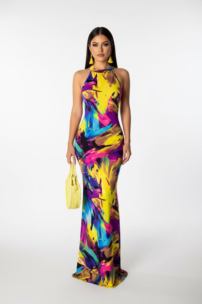 Woman wearing a colorful dress with a white background