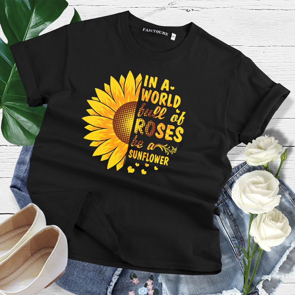 Summer Sunflower Letter Print Cotton T-Shirt for Women