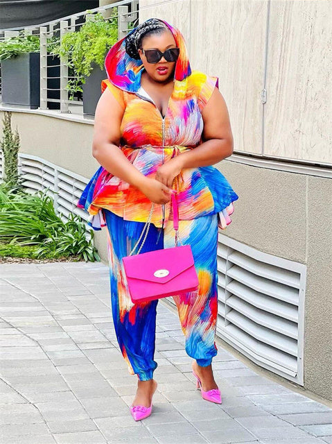 Plus Size Tie Dye Two Piece Hoodie and Pants Set