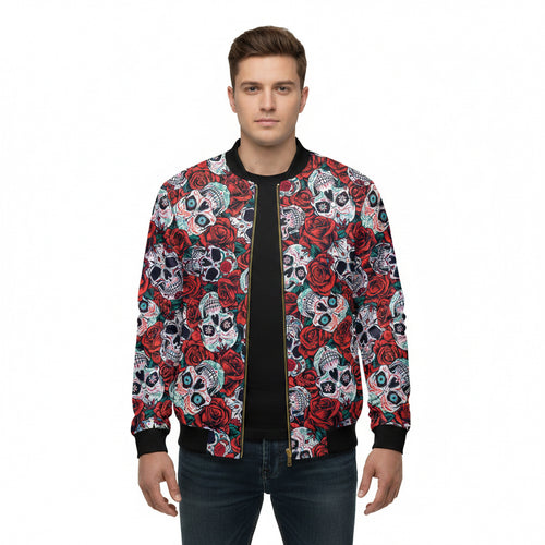 Jacket with skull and rose pattern on a white background