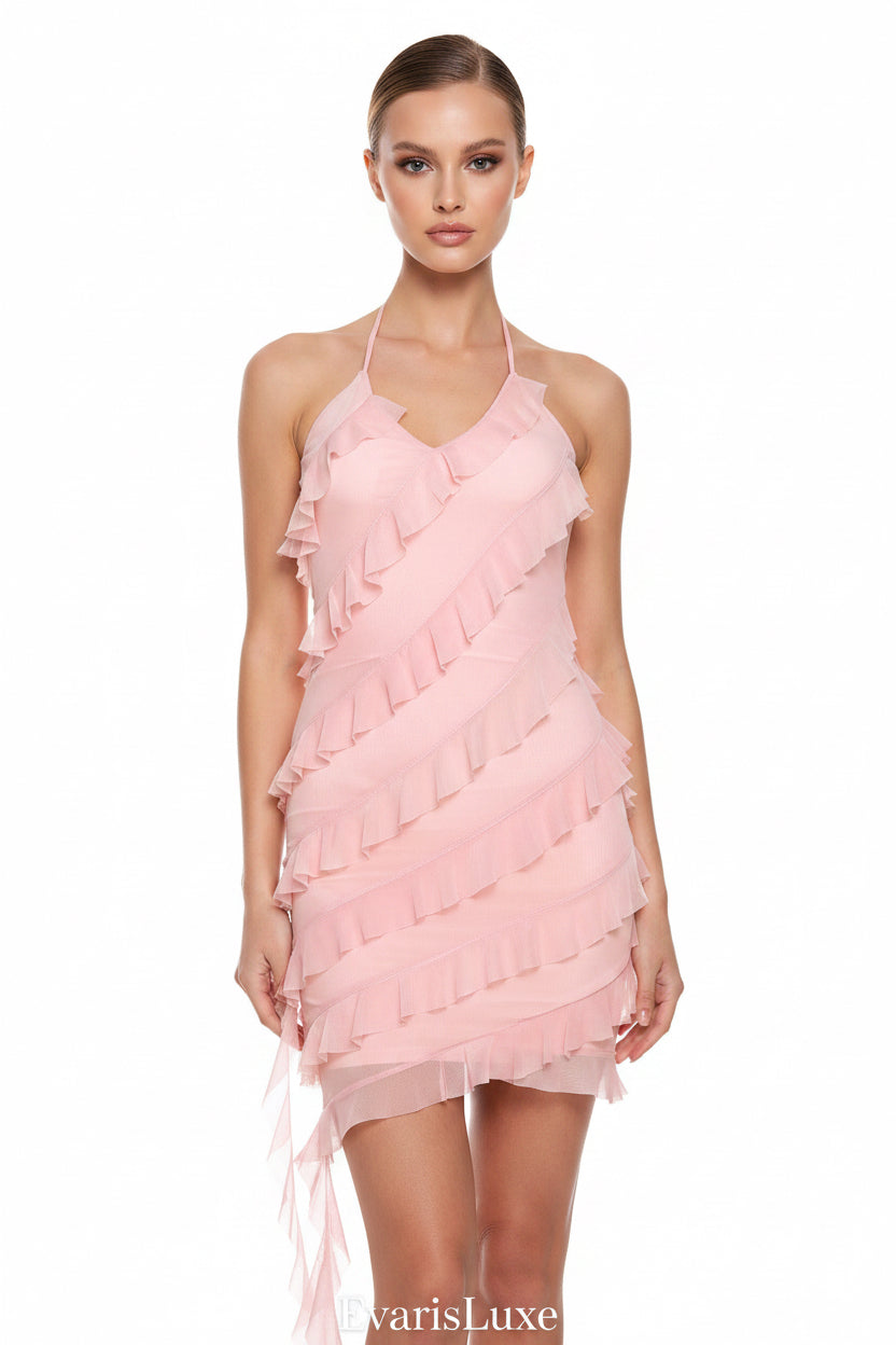 Pink dress with ruffled layers on a white background