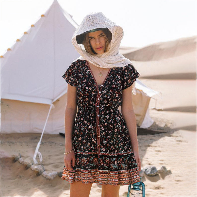 New Spring Summer Bohemian Print V-Neck Dress