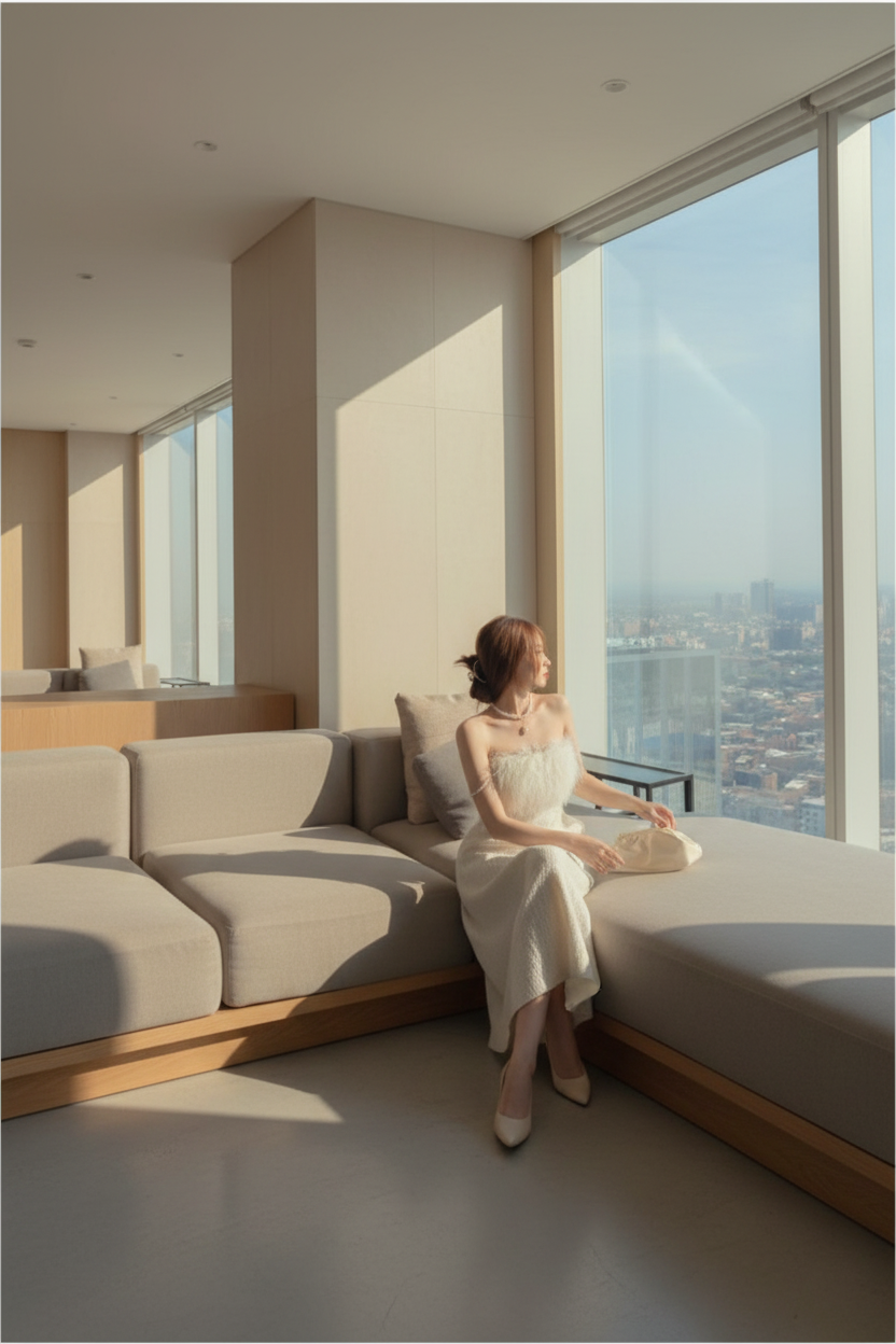 Woman in a white dress sitting on a couch with a cityscape view in the background