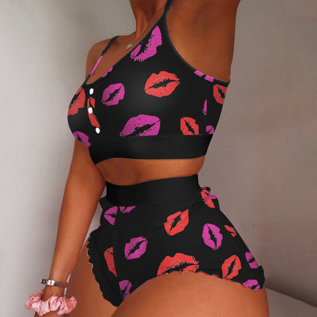 Heart Love Print Plus Size Summer Pajama Set for Women