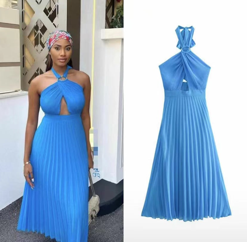 Spring Summer Women's Solid Color Cross Back Dress