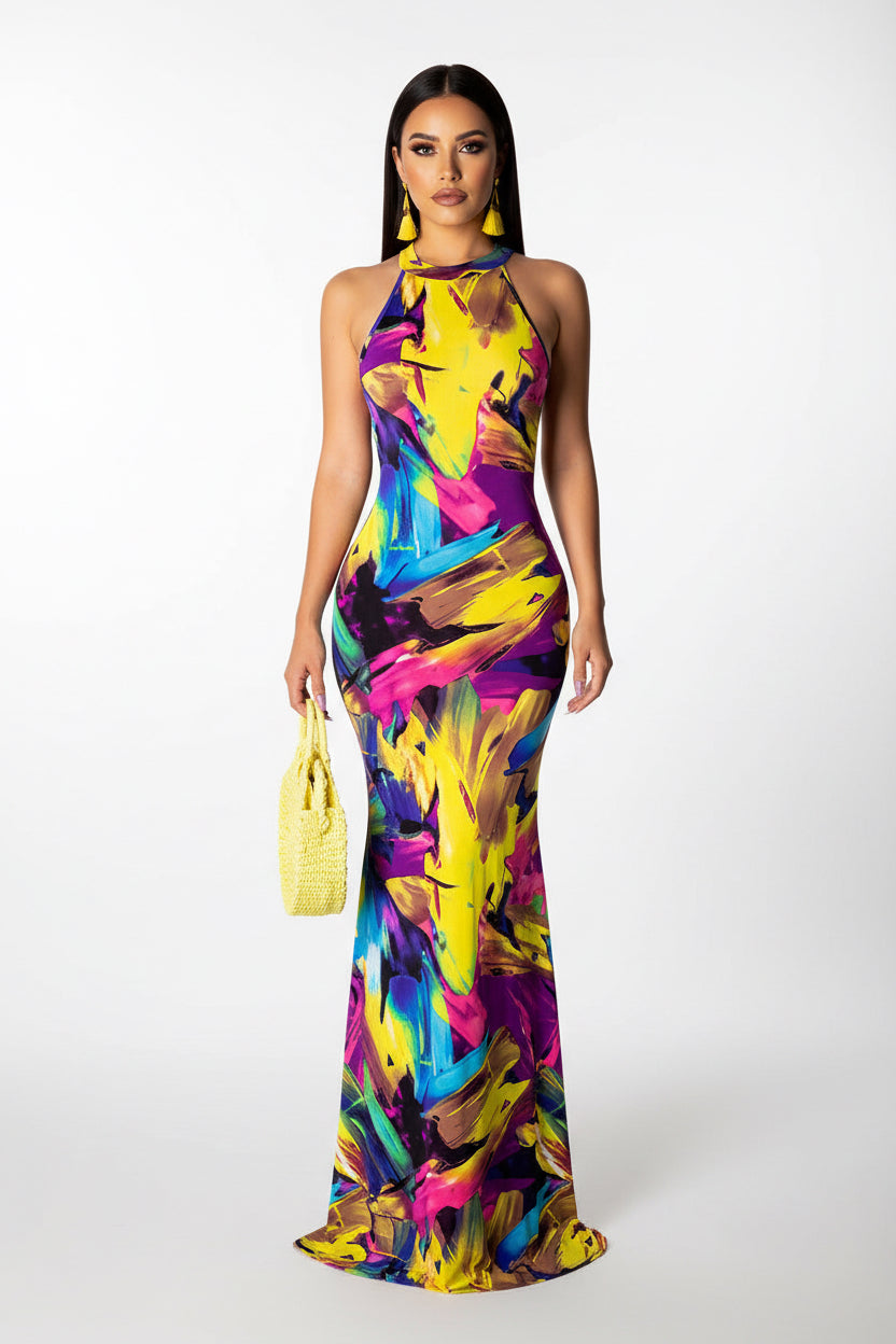 Woman wearing a colorful dress with a white background