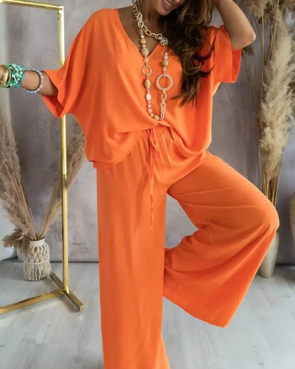 2023 Summer V-Neck Batwing Sleeve Cotton Set