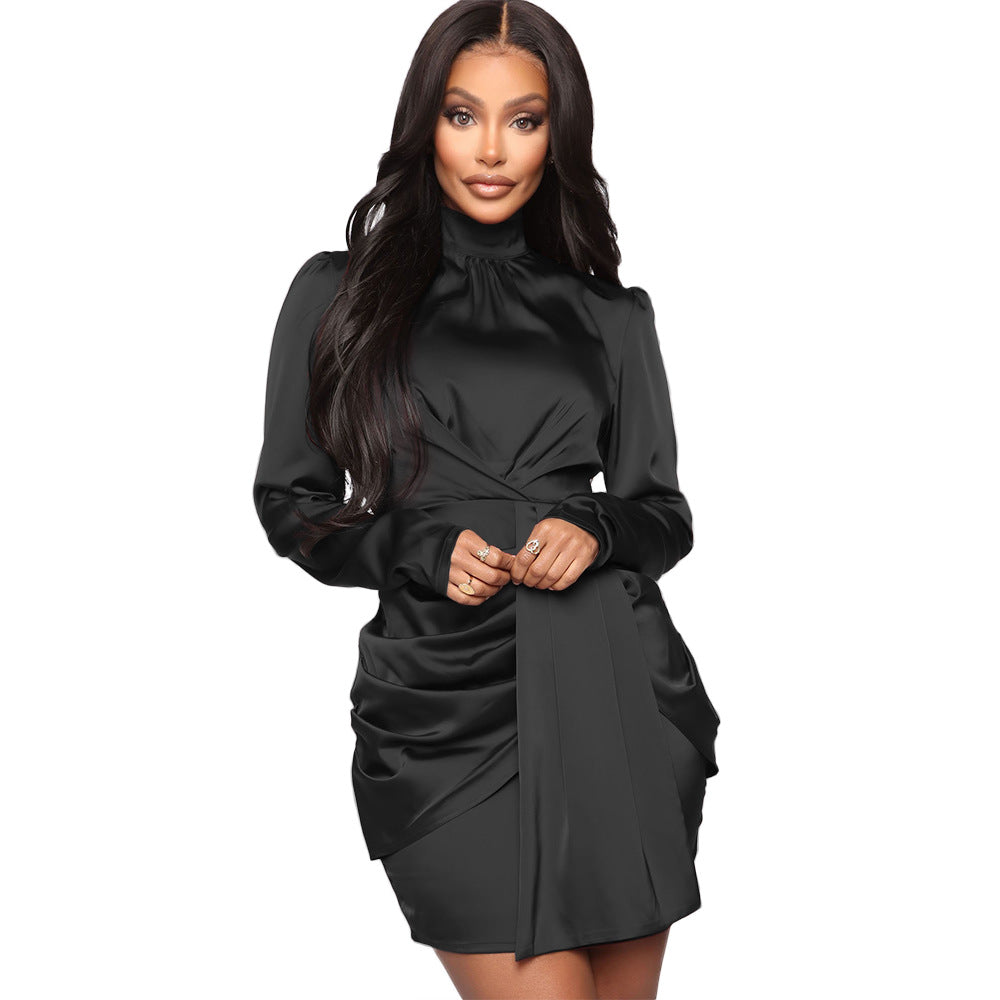 Evarisluxe Pleated Long Sleeve Midi Dress