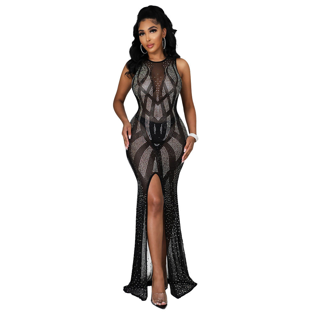 Evarisluxe Rhinestone Mesh Evening Dress