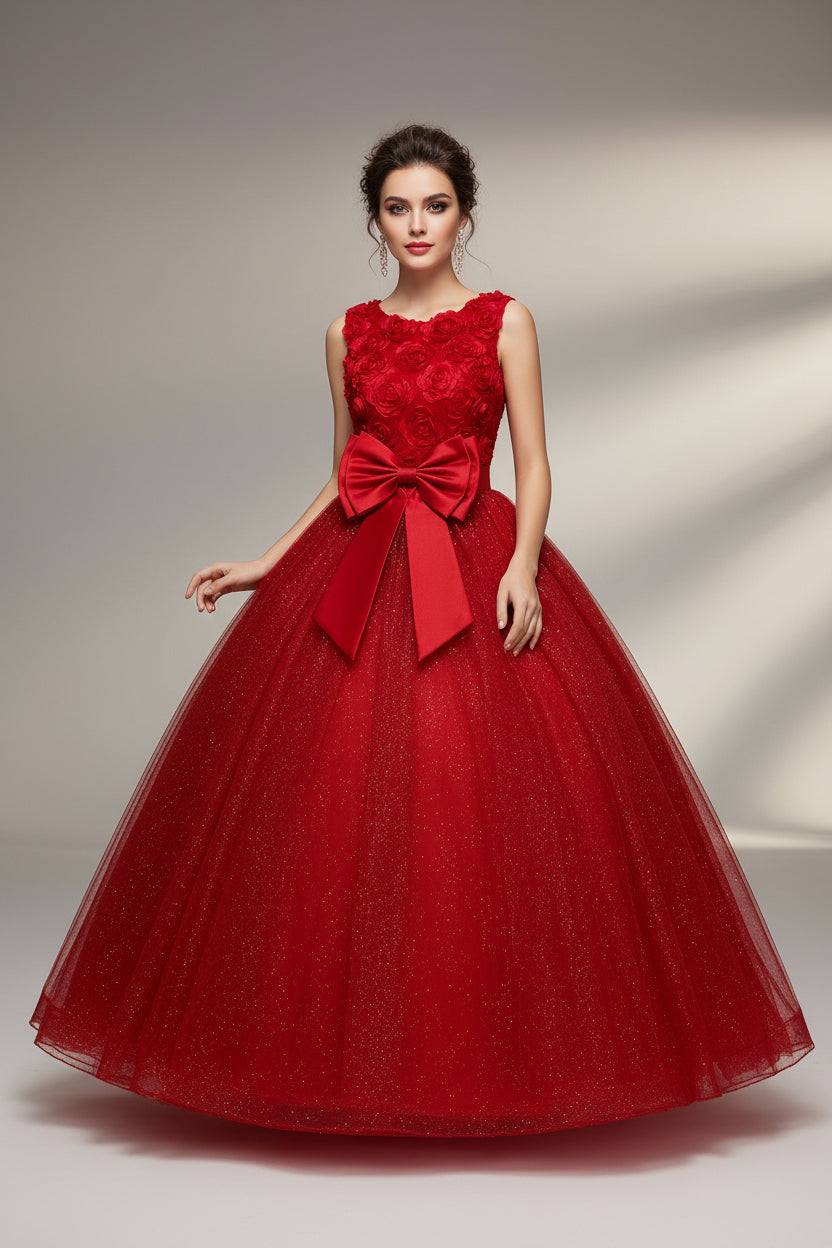 Red dress with floral top and large bow on a white background