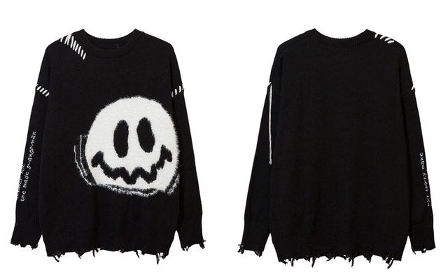 Hip Hop Men’s Ripped Smiley Face Knitted Sweater